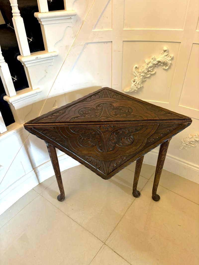 Antique Rare George III Carved Mahogany Folding Corner Table - Image 8